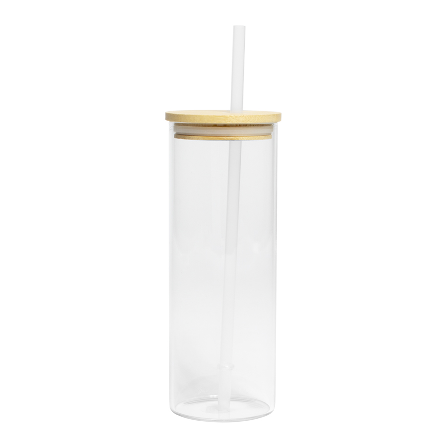 Botella Vidrio Borosilicato Sublimación, tapa Bamboo 500cc